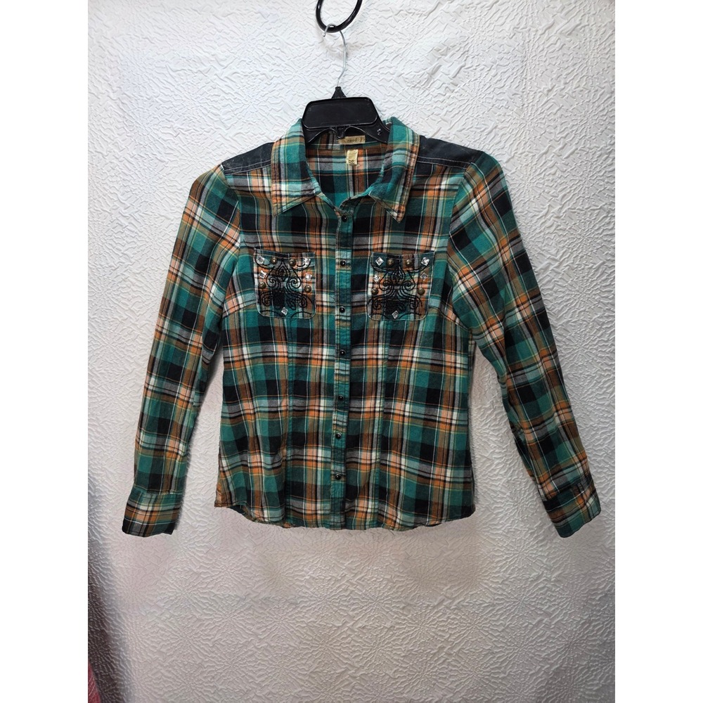 BKE Plaid Shirt Women Size M Teal Orange Good Embroidered Studded Western Top